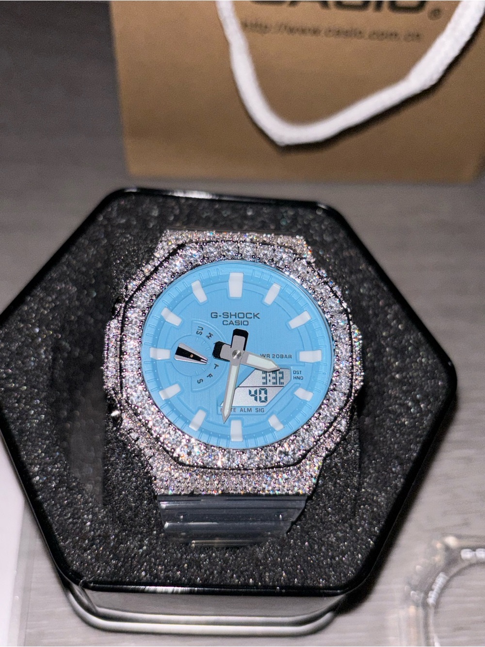 Custom G-Shock GA2100 Ice Blue Dial Clear Strap VVS Moissanite Watch